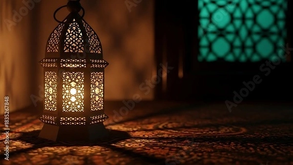 Fototapeta Ornate lantern illuminates a decorative surface with geometric window in background