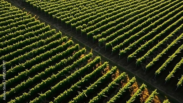Fototapeta Aerial view of lush green vineyard rows under sunlight