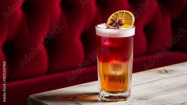 Fototapeta Elegant red cocktail garnished with dried orange slice and foam