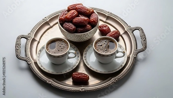 Fototapeta Traditional middle eastern coffee and dates on an ornate tray