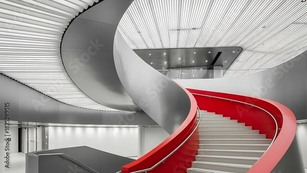 Fototapeta Modern spiral staircase with red railing and striking ceiling design