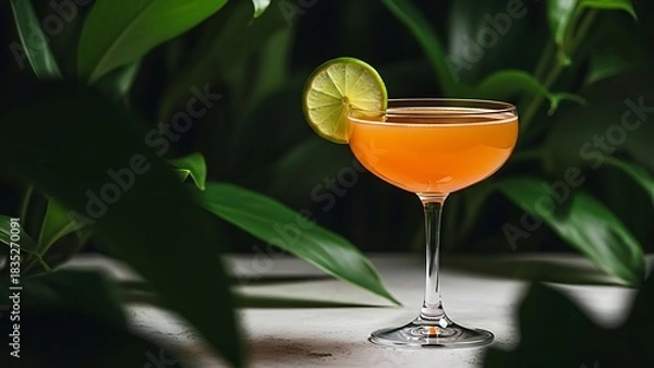 Fototapeta Refreshing orange cocktail garnished with lime slice amidst lush greenery
