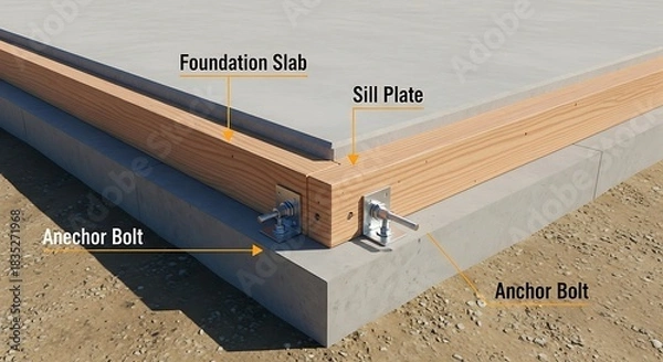 Fototapeta Foundation Slab and Sill Plate Construction with Anchor Bolts.