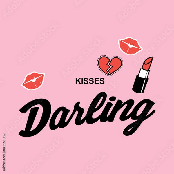 Fototapeta Cute pop art illustration featuring the word “Darling” with lipstick, kiss marks, and a broken heart on a pink background. Playful romantic design for fashion, t-shirts, stickers, and print.
