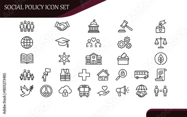Obraz Social Policy & Government Line Icons | Justice, Equality, Community, Public Service Vector Set