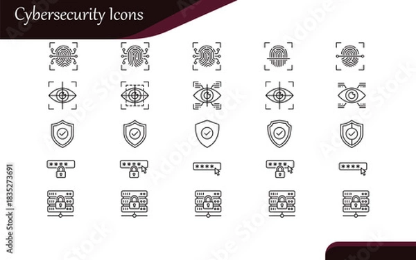 Obraz Cybersecurity & Data Protection Line Icons | Fingerprint, Shield, Password, Server Vector Set
