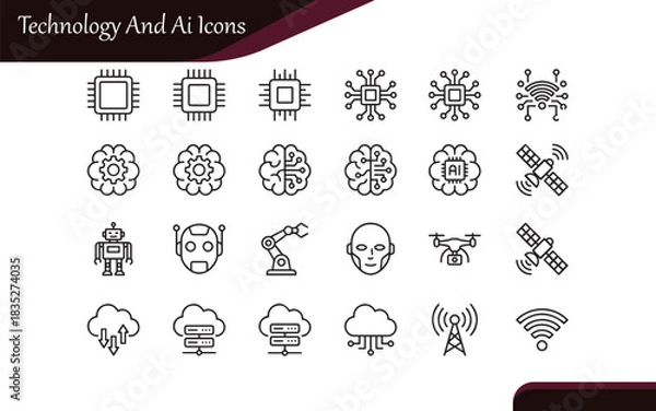Obraz Artificial Intelligence & Technology Line Icons | AI, Robotics, CPU, Cloud Computing Vector Set