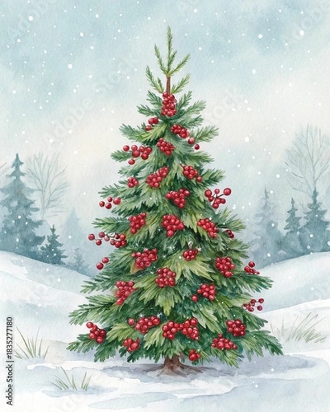 Obraz watercolor christmas tree in snow
