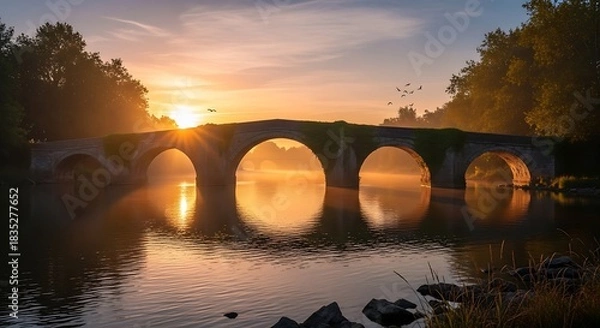 Fototapeta Sunrise Serenity - A Stone Bridge Reflecting Golden Light in Calm Waters.