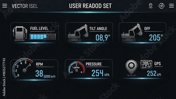 Fototapeta Vehicle Dashboard Displaying Fuel Level, Tilt Angle, RPM, Pressure, and GPS.