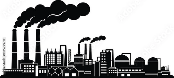 Fototapeta Industrial city pollution concept, black silhouette factory buildings, chimneys emitting heavy dark smoke, urban air contamination, manufacturing industry environmental risk.