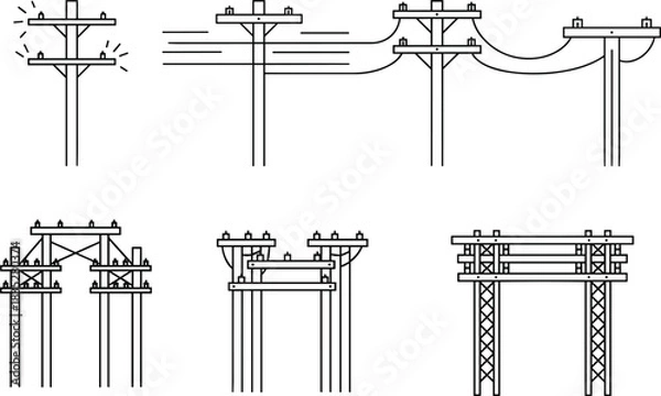 Fototapeta Overhead power lines and electrical utility poles vector illustration, symbolizing electricity transmission, infrastructure, and telecommunications network concept with isolated icons.