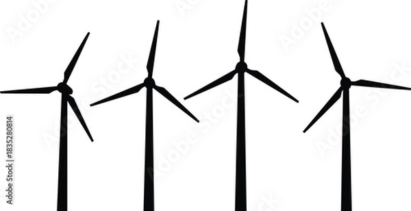 Fototapeta Renewable Energy Concept: Silhouette of Modern Wind Turbines Generating Clean Electricity Against a White Background, Sustainable Power Technology and Wind Farm Installation