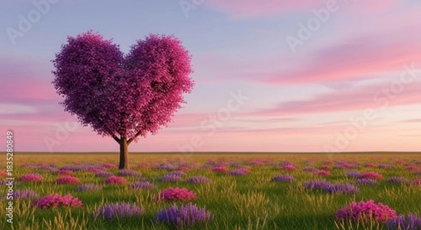 Fototapeta Heart-shaped pink tree in a green field with colorful flowers under a soft pastel sky