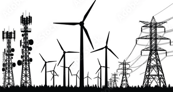 Fototapeta Telecommunication towers, wind turbines, and electricity pylons silhouette representing renewable energy, power generation, and modern digital network infrastructure development, clean power.
