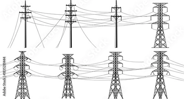 Fototapeta utility pole and high-voltage metal towers silhouette carrying current, electricity grid drawing, vector isolated line art.
