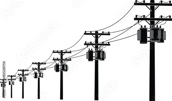 Fototapeta Utility Poles Line Silhouette, Power Lines Grid, Electricity Transmission and Distribution System, Urban Infrastructure Vector Illustration.