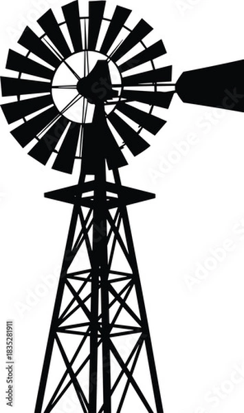 Fototapeta Vintage Farm Windmill Silhouette Vector Isolated on White, Retro Agricultural Wind Pump for Water, Energy, and Power Generation, Rustic Tower Structure