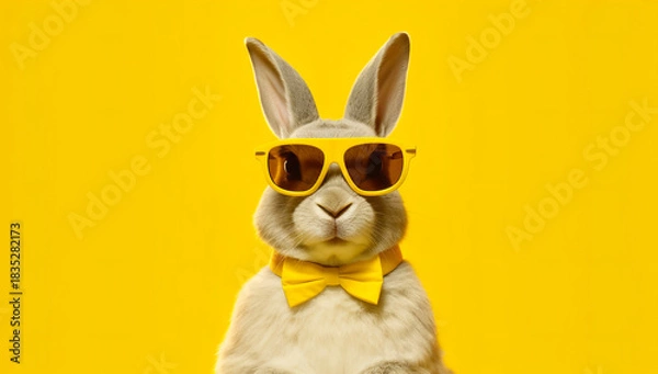 Obraz Cool bunny with sunglasses on yellow background