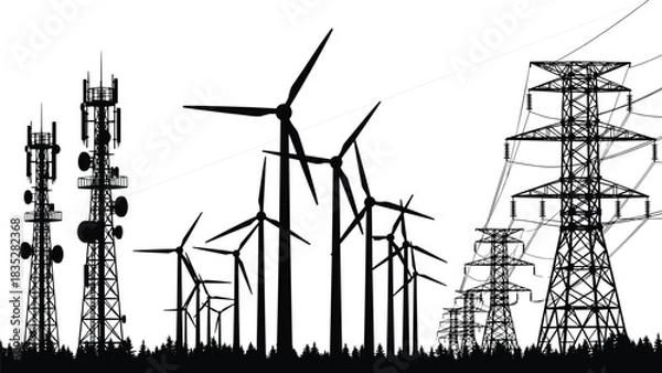 Fototapeta Wind turbines generating renewable green electricity powering telecommunication towers and high voltage transmission lines, energy infrastructure silhouette.