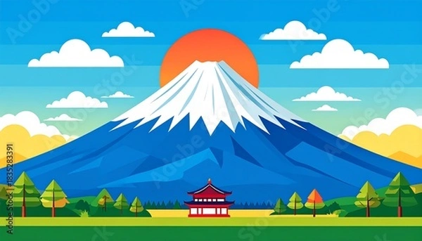 Obraz Vibrant minimalist view of iconic mountain with pagoda and sunset background