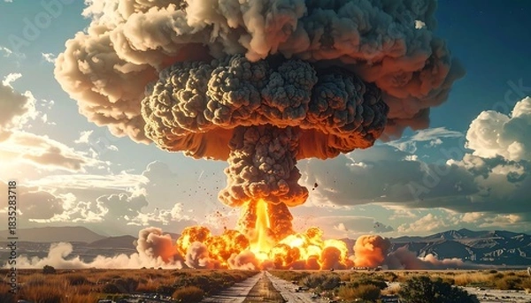 Obraz Atomic cloudscape: A monumental explosion over the desolate landscape scenery