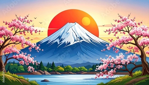 Obraz Mount Fuji at Sunrise amidst Cherry Blossoms: A Serene Japanese Vista Painting