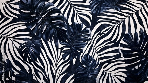 Fototapeta Tropical Foliage on Zebra Stripe Backdrop