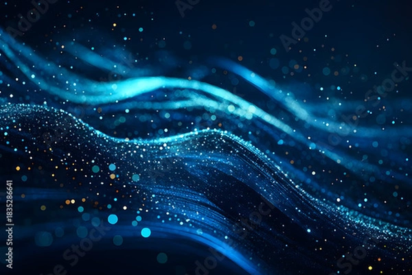 Fototapeta 青と光の流れ ― 抽象的な輝くパーティクルと波の背景
