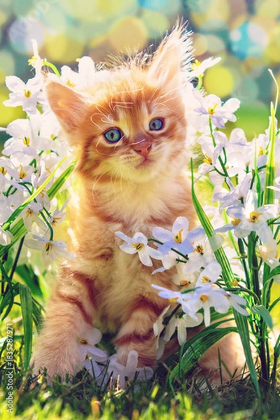 Fototapeta A cute little kitten sits on the grass among flowers in a summer garden