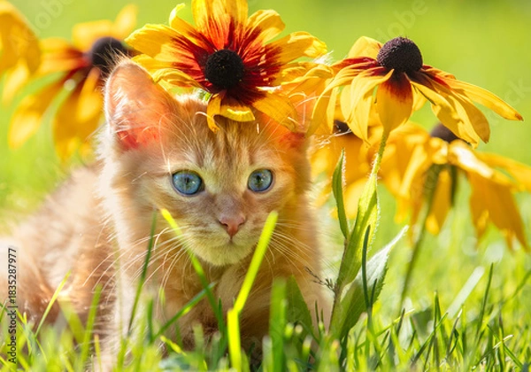 Fototapeta Cute little ginger kitten on a lawn with Rudbeckia hirta flowers in a summer garden
