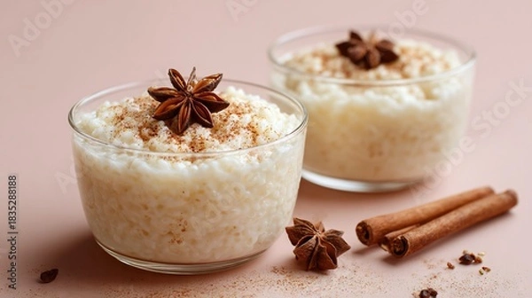 Fototapeta Creamy rice pudding topped with winter spices on blush pink background, clean spacing to the right
