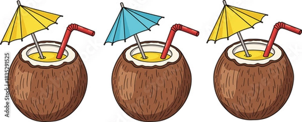 Obraz Coconut drink illustration, tropical summer beverage with umbrella and straw, refreshing cocktail artwork, beach vacation themed design, exotic fruity refreshment