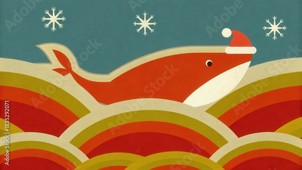 Obraz Tropical Christmas whale concept. Colorful whale wearing a Santa hat swims through stylized waves and snowflakes in a festive design.