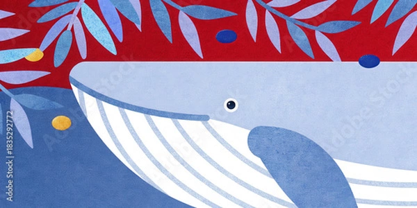 Obraz Tropical Christmas whale concept. Whale illustration with vibrant colors and abstract foliage in the background.