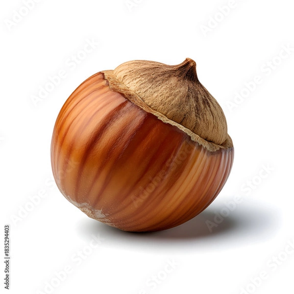 Fototapeta A single brown hazelnut with its husk still attached isolated on white background