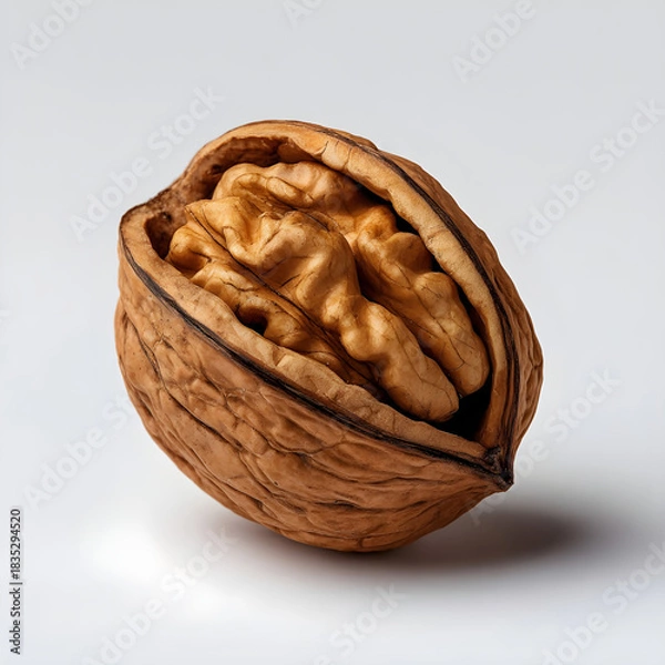 Fototapeta A single partially opened walnut with its textured kernel clearly visible isolated on white background