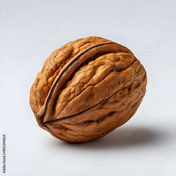 Fototapeta A single whole brown walnut with a textured shell isolated on white background
