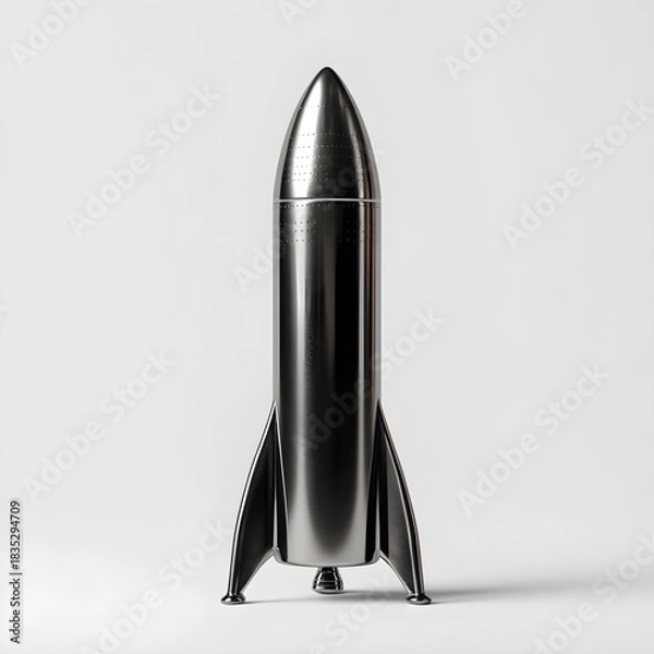 Fototapeta A sleek metallic rocket ship with fins stands tall and proud isolated on white background