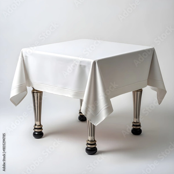 Fototapeta A square white tablecloth draped elegantly over a wooden table with decorative legs isolated on white background