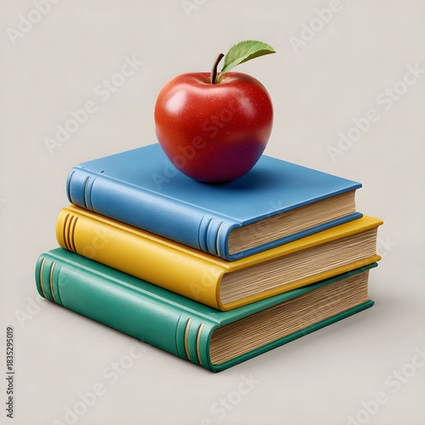 Fototapeta A stack of colorful books topped with a fresh red apple isolated on white background