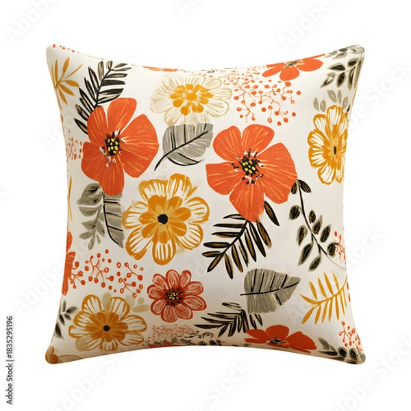 Fototapeta Decorative square pillow with vibrant orange and yellow floral pattern isolated on white background
