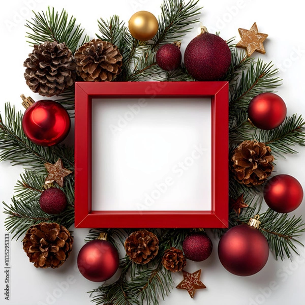 Fototapeta Festive red square frame surrounded by christmas ornaments pine cones and greenery isolated on white background