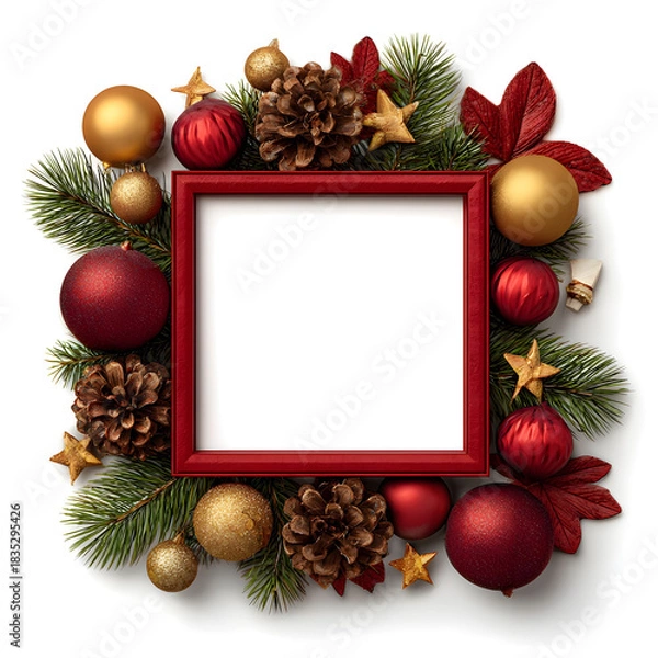 Fototapeta Festive red square frame surrounded by christmas ornaments pinecones and greenery isolated on white background