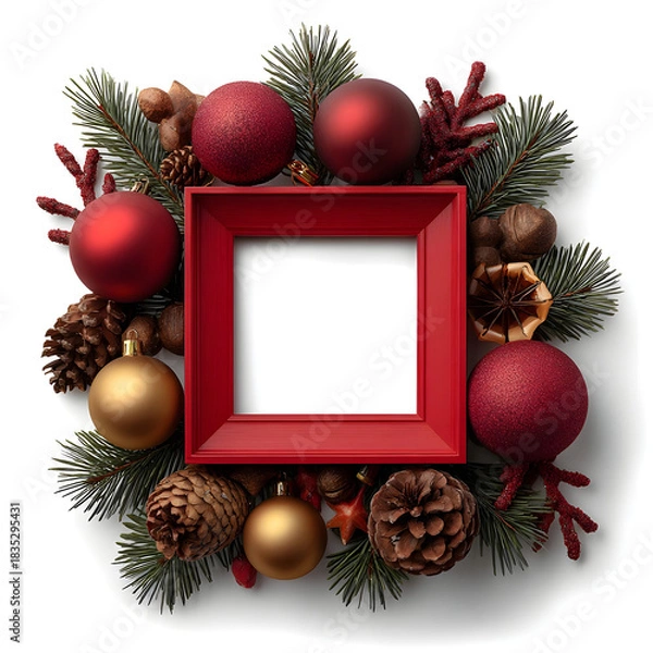 Fototapeta Festive red square frame surrounded by christmas ornaments and pine cones isolated on white background