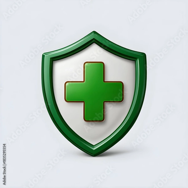 Fototapeta Green shield with plus symbol representing health and safety isolated on white background