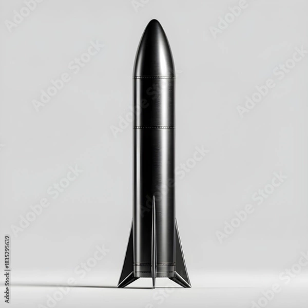 Fototapeta Sleek black rocket model standing tall on a clean white background isolated isolated on white background