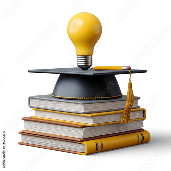 Fototapeta Stack of books topped with graduation cap light bulb and pencil isolated on white background