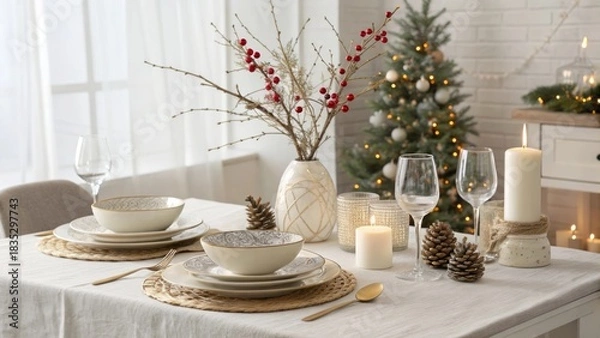 Fototapeta Elegant Holiday Table Setting with Decorative Elements for Festive Dining Experience