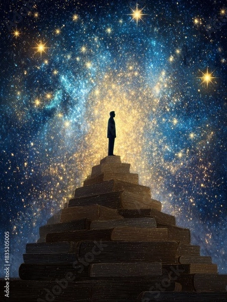 Fototapeta Lone traveler's spiritual journey up the pyramid structure embracing cosmic light and astral energy in a celestial environment